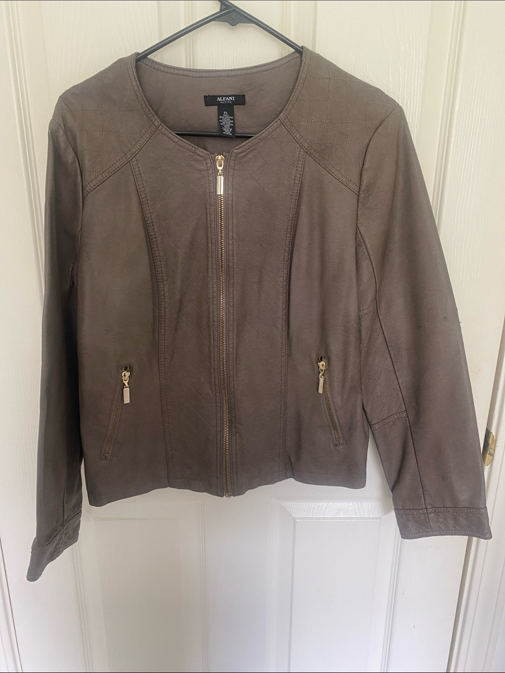 Alfani Women's Taupe Leather-Look Zip Jacket with Gold Hardware
